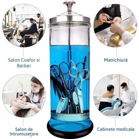 Recipient din sticla pentru sterilizare instrumente frizerie si manichiura, 1200 ml, inox [5]