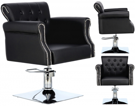 Scaun frizerie - Scaun coafor frizerie, reglabil pe inaltime, elegant si luxos, tip Chesterfield, negru, Tavy