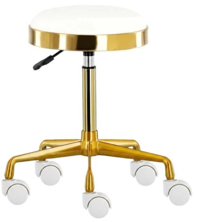 Mobilier frizerie - Scaun cosmetician alb cu auriu– taburet rotund hidraulic, pentru salon spa si cosmetica
