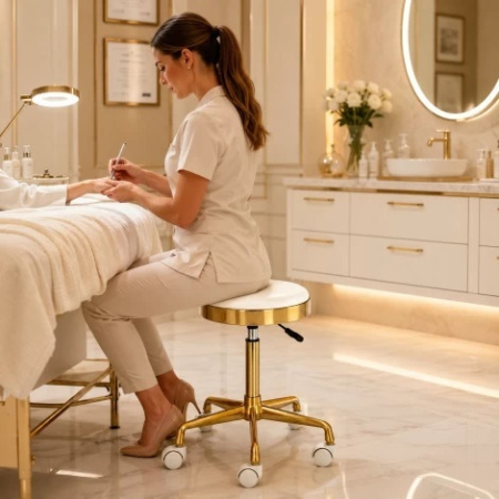 Scaun cosmetician alb cu auriu– taburet rotund hidraulic, pentru salon spa si cosmetica [1]