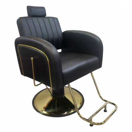 Scaun frizerie - Scaun frizerie barber shop profesional, hidraulic, cu tetiera, rabatabil pe spate, negru cu auriu