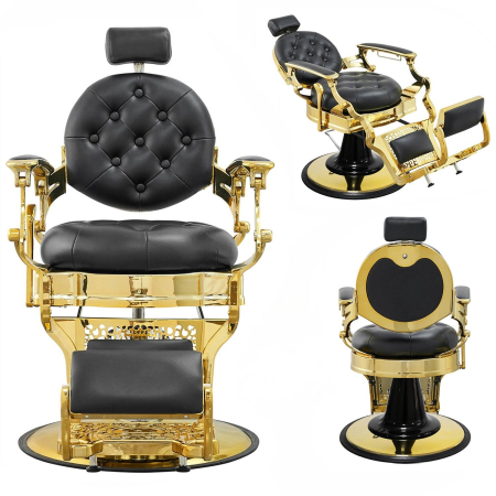 Scaun Frizerie Profesional Wallace Negru cu Accente Aurii – Reglabil Hidraulic, Design Premium [3]