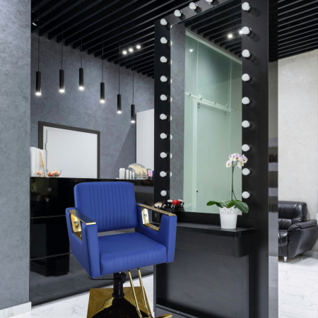 Scaun frizerie și coafor hidraulic Albastru cu finisaje Auriu Gold – Profesional, Reglabil [5]