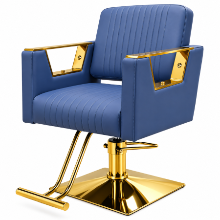 Scaun frizerie - Scaun frizerie și coafor hidraulic Albastru cu finisaje Auriu Gold – Profesional, Reglabil