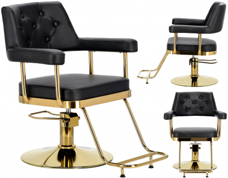 Scaun pentru frizerie coafor, hidraulic, cu pompa, Negru cu Auriu, Chesterfield [2]