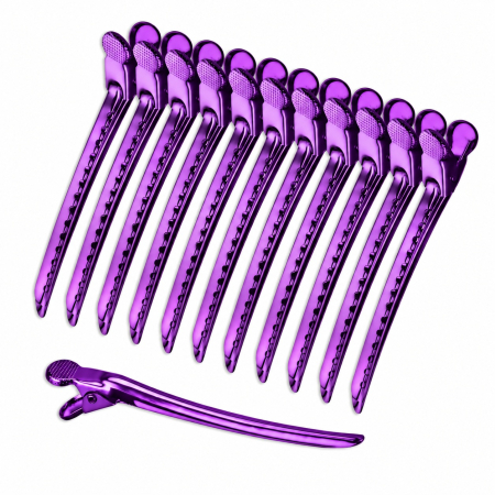 Coafor si Frizerie - Set 12 Clipsuri Coafor Metalice Profesionale 10,5 cm – Clame Frizerie, Mov