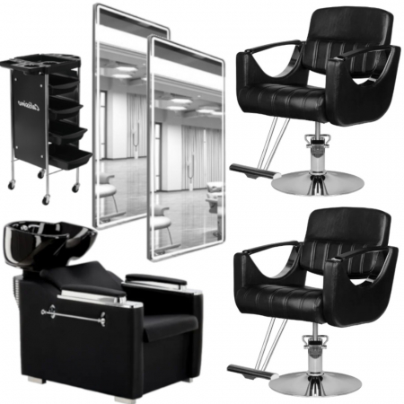 Mobilier Salon · Seturi - Set 2 scaune coafor cu doua oglinzi frizerie LED si scafa profesionala salon infrumusetare