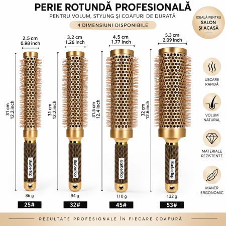 Set 4 Perii Rotunde Profesionale Coafor XXL – Aurii, 25/32/45/53 mm, Corp Lung 31-32 cm [1]