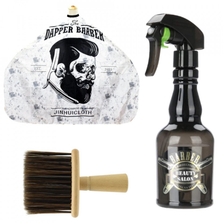 Coafor si Frizerie - Set accesorii frizerie Mano01 cu pelerina, pamatuf si pulverizator pentru salon barber, scoli coafor