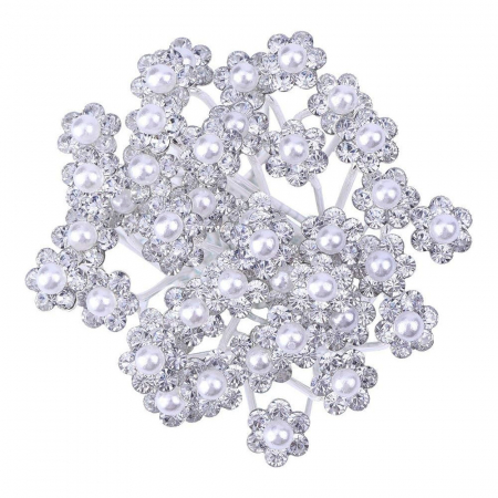 Ace de par - Set ace pentru par cu perle si cristale, model floral, pentru coafuri mireasa, 20buc