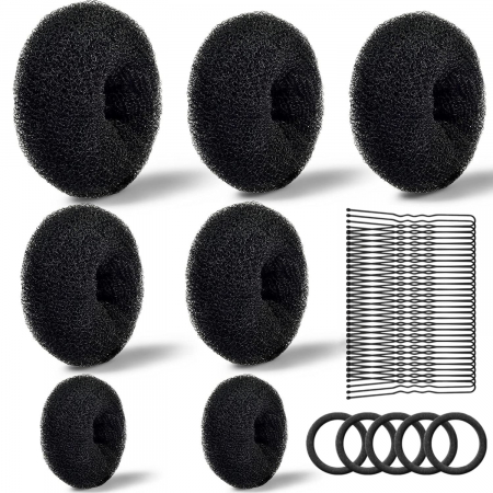 Coafor si Frizerie - Set burete pentru coc, 7 bureti coc negru, 5 elestice pentru par, 60 ace coc