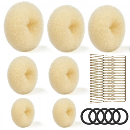 Bureti & Plase coc - Set burete pentru coc, 7 bureti coc blond, 5 elestice pentru par, 60 ace coc