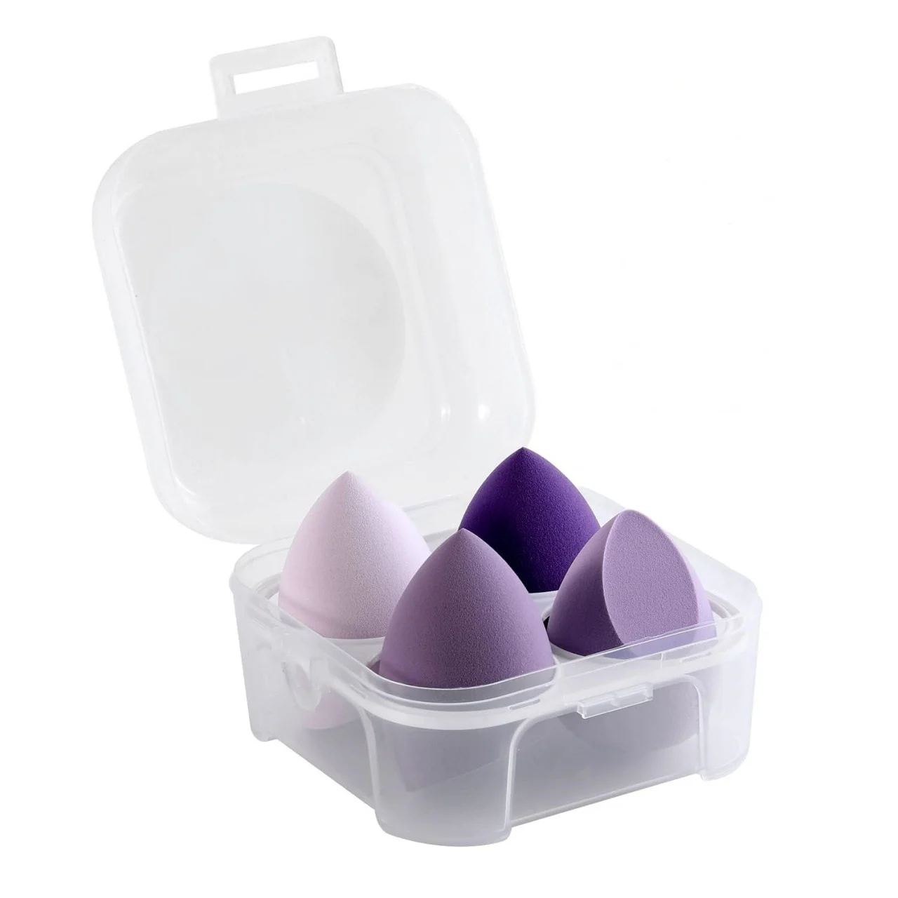 Burete machiaj - Set bureti cosmetici tip beauty blender · 4 bucati · mov · cutie de depozitare