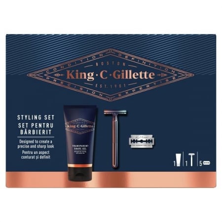 Set ingrijira barba - Set Cadou pentru stilizare King C. Gillette: Aparat de ras cu margine dubla + 5 Lame de rezerva + Gel de ras transparent, 150 ml