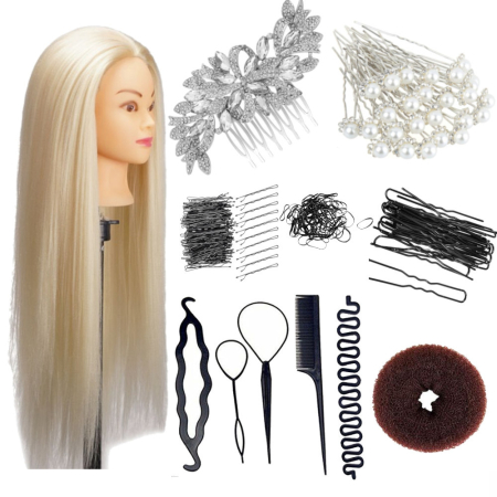 Cap manechin - Set cap manechin cu par Blond, Bride, cu pieptan mireasa si ace coc nunta
