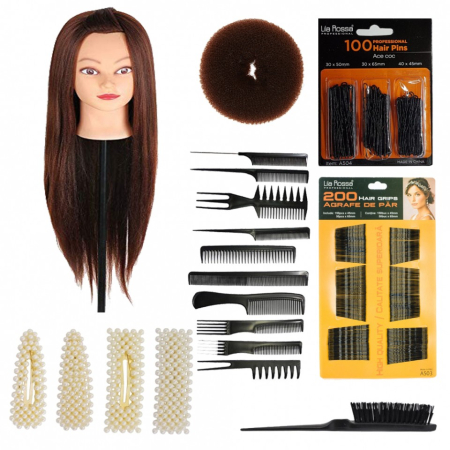 Set manechine cu par - Set cap practica manechin Bella Saten cu ace agrafe cu perle coc exersat coafuri impletituri salon frizerie