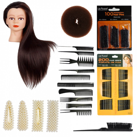 Set manechine cu par - Set cap practica manechin Denisa Saten Natural 80% cu ace agrafe cu perle coc exersat coafuri impletituri salon frizerie