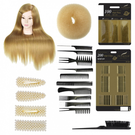 Set manechine cu par - Set cap practica manechin Jessy Auriu cu ace agrafe cu perle coc exersat coafuri impletituri salon frizerie