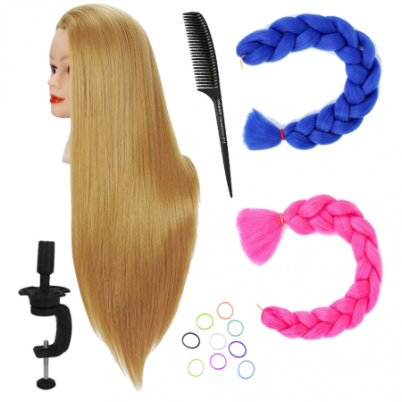 Set manechine cu par - Set cap practica manechin Laura cu extensii colorate pentru exersat coafuri impletituri salon frizerie