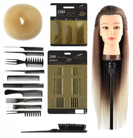 Set manechine cu par - Set cap practica manechin Valeria Ombre cu ace agrafe coc exersat coafuri impletituri salon frizerie