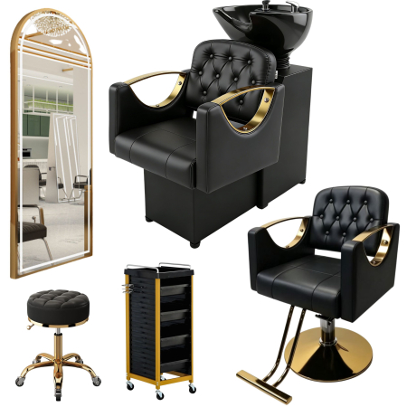 Mobilier frizerie - Set complet mobilier coafor 5 piese – negru cu gold, scaun frizerie, scafă, oglindă LED
