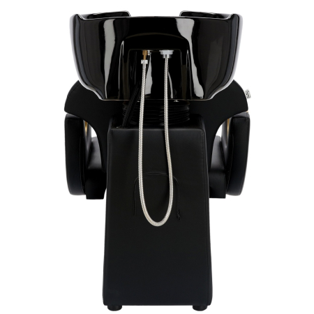 Set complet mobilier coafor cu 2 posturi de lucru – negru cu auriu, cu scafa frizerie, scaune coafor si oglinzi [5]