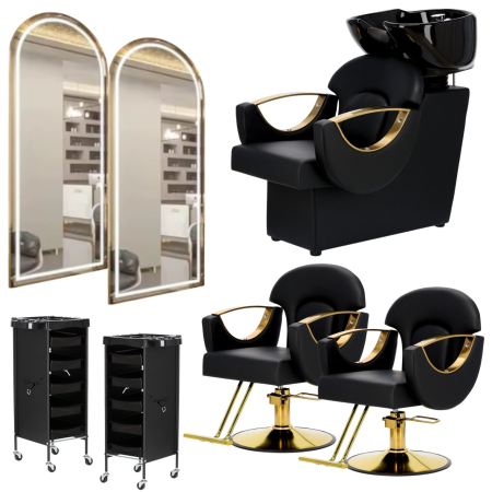 Mobilier frizerie - Set complet mobilier coafor cu 2 posturi de lucru – negru cu auriu, cu scafa frizerie, scaune coafor si oglinzi