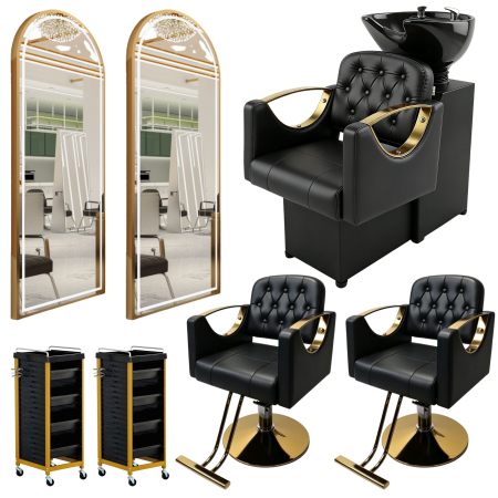 Mobilier frizerie - Set complet mobilier coafor cu 2 posturi de lucru – negru cu gold, cu scafa frizerie, scaune coafor si oglinzi