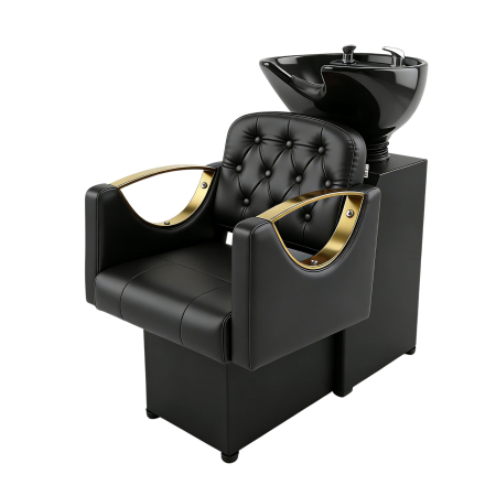 Set complet mobilier coafor cu 2 posturi de lucru – negru cu gold, cu scafa frizerie, scaune coafor si oglinzi [1]