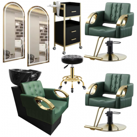 Mobilier Salon · Seturi - Set complet Mobilier coafor cu 2 scaune luxoase verzi cu auriu si scafa coafor
