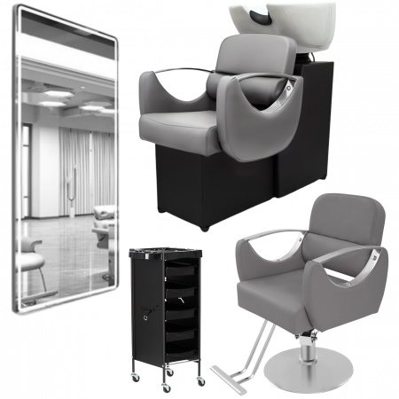 Mobilier Salon · Seturi - Set complet mobilier coafor cu scafa, scaun frizerie, oglinda LED, Gri cu Argintiu