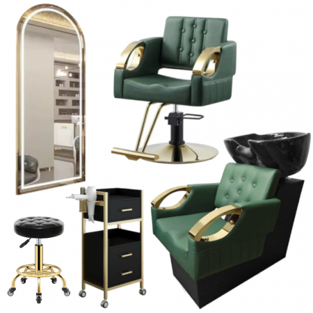 Mobilier Salon · Seturi - Set complet mobilier coafor cu scaun verde cu auriu și scafă profesională