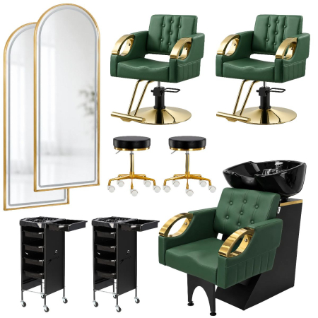 Mobilier Salon · Seturi - Set complet mobilier coafor Felicia, 9 piese – 2 scaune, 2 oglinzi, scafă, ucenici și taburete