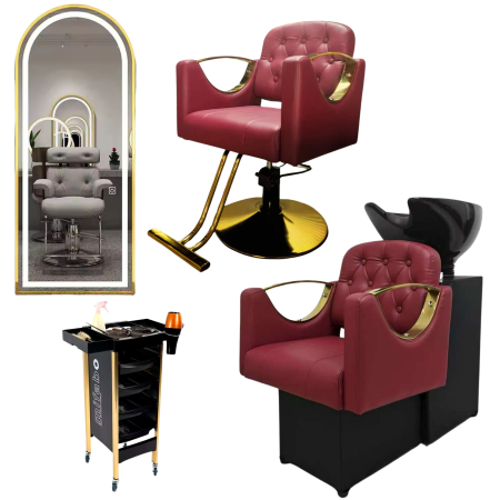 Mobilier frizerie - Set Complet Mobilier Coafor Luxos Bordo & Auriu – Scafa cu Scaun coafor rosu, Oglinda Led si Ucenic