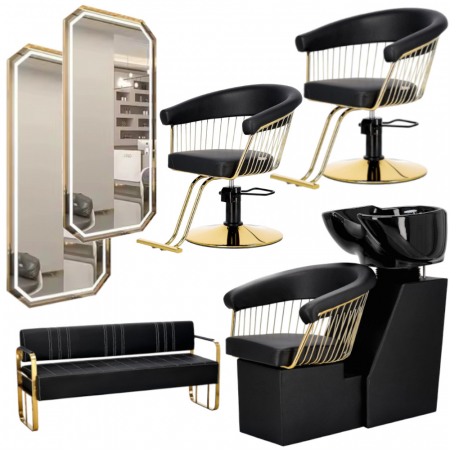 Mobilier Salon · Seturi - Set complet Mobilier coafura cu 2 scaune coafor, scafa frizerie, neagra cu auriu, oglinzi si canapea