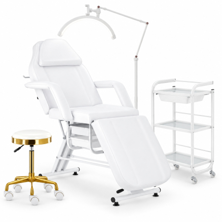 Mobilier frizerie - Set complet Mobilier Salon Cosmetică 4 Piese Alb Auriu | Pat cosmetica, Ucenic, Lampă LED, Taburet