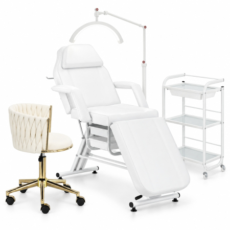Mobilier frizerie - Set complet Mobilier Salon Cosmetică 4 Piese Alb | Pat cosmetica, Ucenic, Lampă LED, Scaun