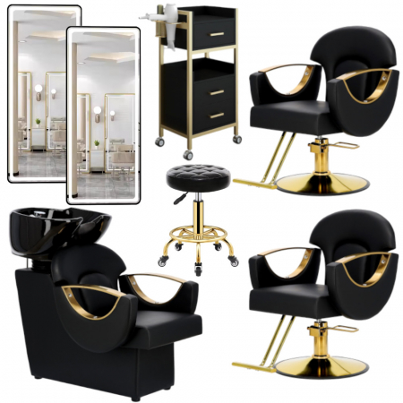 Mobilier Salon · Seturi - Set de Mobilier pentru coafor cu 2 scaune frizerie, unitate de spalare, 2 oglinzi LED