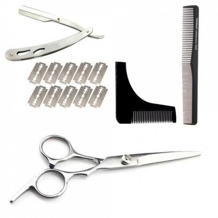 Foarfeca de tuns - Set foarfeca de tuns cu brici din otel inoxidabil 10 lame si pieptan barba