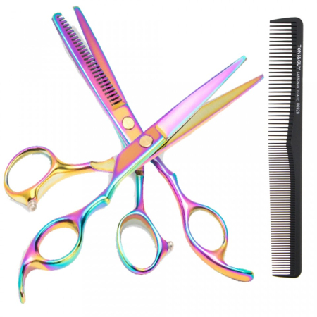 Foarfeca de tuns - Set foarfeca de tuns si filat cameleon marime 6 si pieptan carbon pentru frizerie salon Arcada