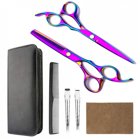 Foarfeca de tuns - Set foarfeca de tuns si filat multicolor Milano marime 6" si piepten carbon clame pentru frizerie salon