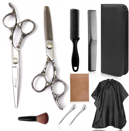 Set foarfece tuns - Set foarfeca tuns si filat, Ardette, 10 piese, Inox, Husa depozitare, Manta frizerie, Clame metalice, pamatuf, pieptene carbon