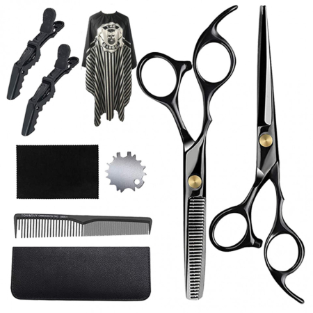 Coafor si Frizerie - Set foarfece de tuns si filat Ametis marime 6" negru cu geanta depozitare frizerie