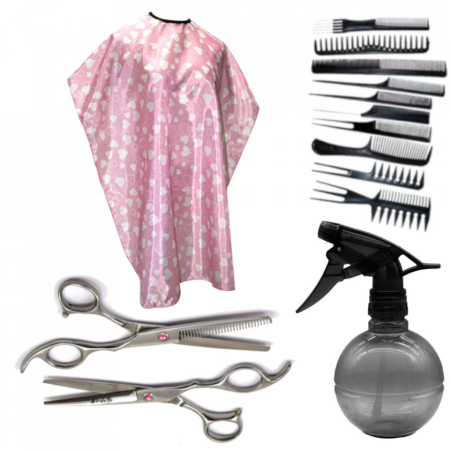 Coafor si Frizerie - Set frizerie Ardette, Kids02, cu foarfeca de tuns si filat, pelerina tuns, pulverizator si 10 piepteni pentru copii