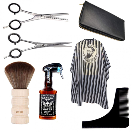 Coafor si Frizerie - Set frizerie barber shop Supreme cu foarfeca de tuns Henbor pulverizator Whisky pelerina cu dungi