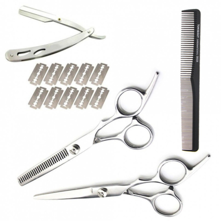 Foarfeca de tuns - Set frizerie coafor cu foarfeca tuns filat brici din inox 10 lame pieptan Nerro