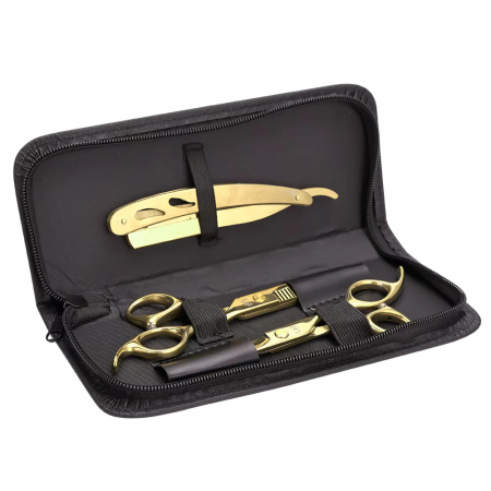 Set frizerie complet profesional cu foarfeca tuns filat, 14 piese, Gold auriu [1]