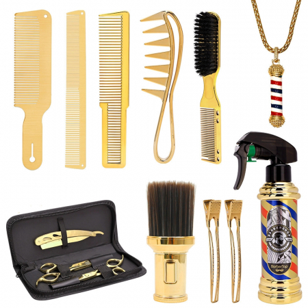 Coafor si Frizerie - Set frizerie complet profesional cu foarfeca tuns filat, 14 piese, Gold auriu