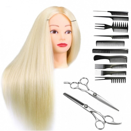 Cap manechin - Set Frizerie incepatori Hair School 01, cu Foarfece Tuns, Filat, Cap Practică, Blond