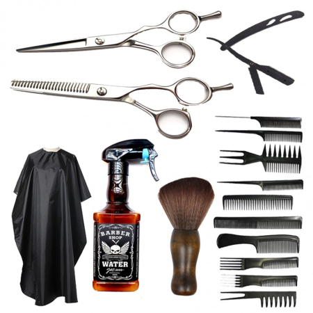 Coafor si Frizerie - Set frizerie Vincent cu foarfeca tuns si filat, pelerina coafor, brici metalic, pamatuf si pulverizator imitatie sticla Whisky